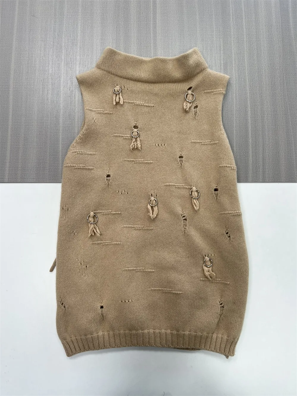 Women's Camel Distressed Knit Vest & Wide-Leg Pants Set - Custom Edgy Co-ord Design
