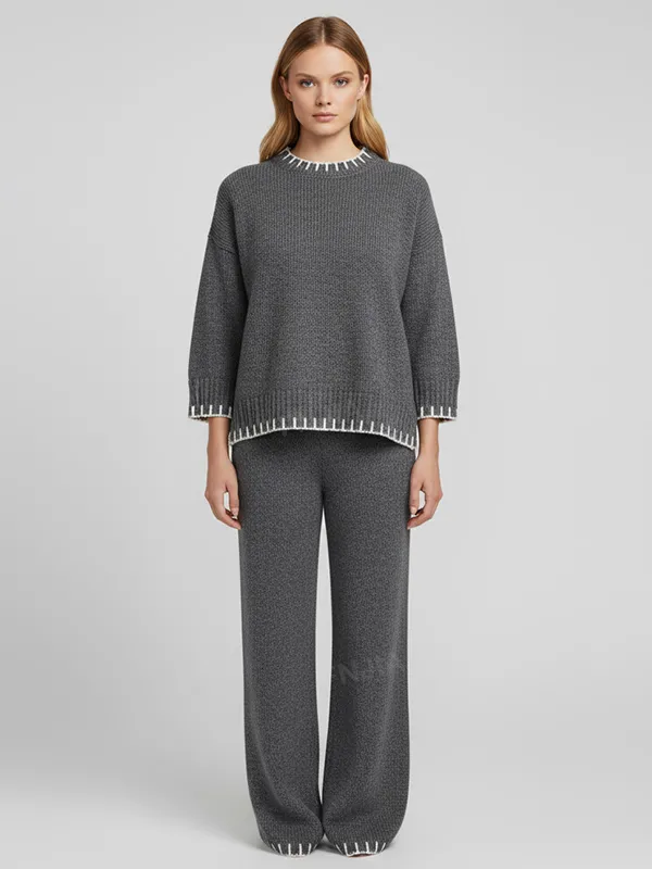 Women's Charcoal Knit Top & Wide-Leg Pants Set - Custom Contrast-Trim Co-ord Design