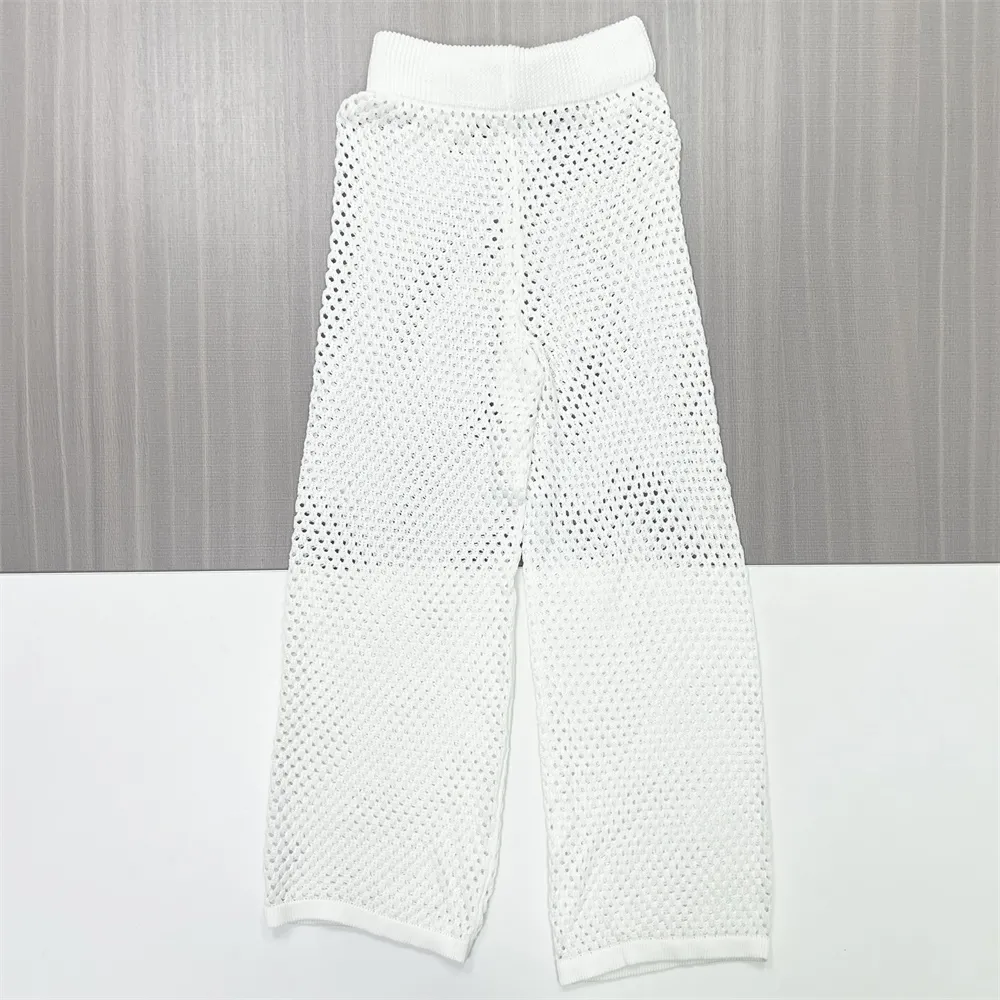 Women's White Openwork Knit Polo Top & Wide-Leg Pants Set - Custom Breathable Co-ord Design
