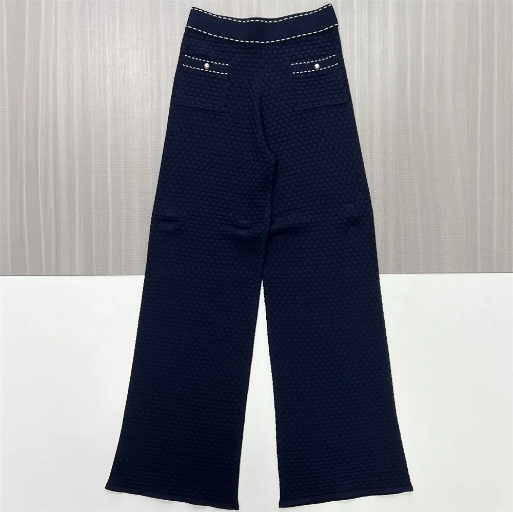 Women's Navy Textured Knit Cardigan & Wide-Leg Pants Set - Custom Elegant Co-ord Design