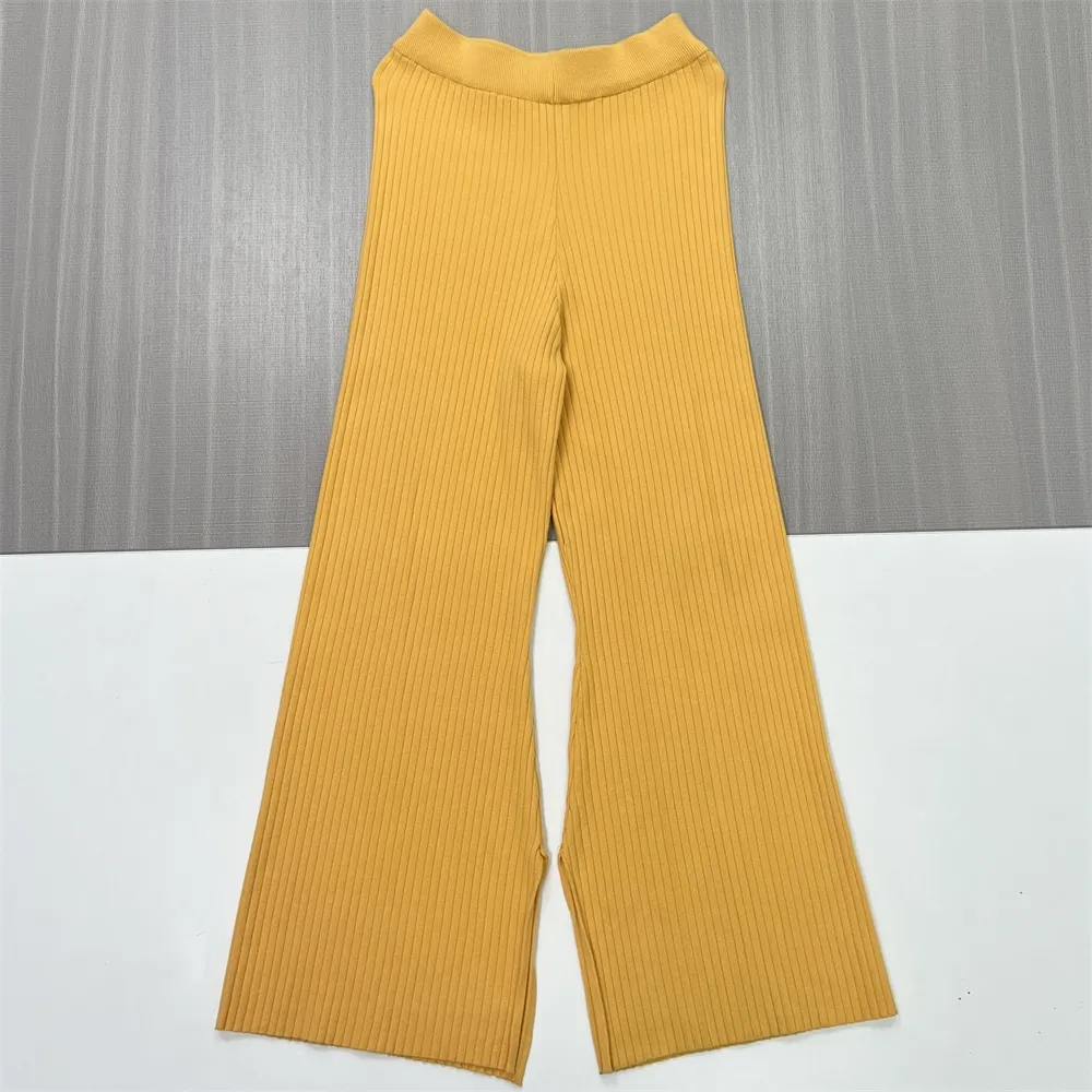 Women's Mustard Ribbed Mock Neck Top & Wide-Leg Pants Set - Custom Modern Co-ord Design