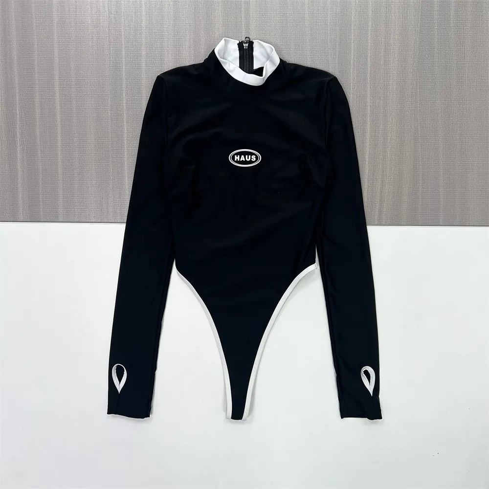 Women's Black & White Contrast High-Neck Long-Sleeve Bodysuit - Custom Branded Form-Fitting Apparel