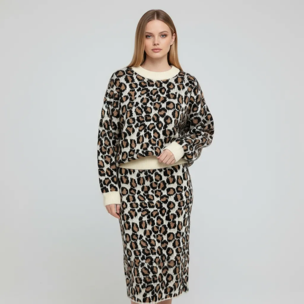 Women's Leopard Print Knit Sweater & Midi Skirt Set - Custom Trendy Co-ord Design