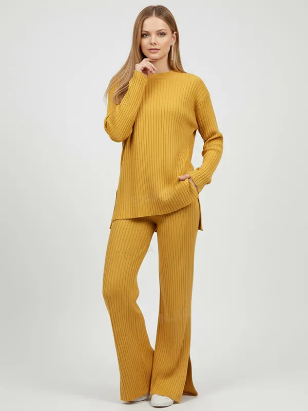 Women's Mustard Ribbed Mock Neck Top & Wide-Leg Pants Set - Custom Modern Co-ord Design