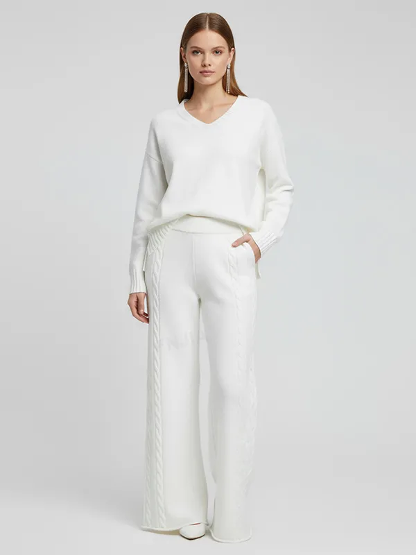 Women's White Cable-Knit V-Neck Top & Wide-Leg Pants Set - Custom Elegant Knit Co-ord Design