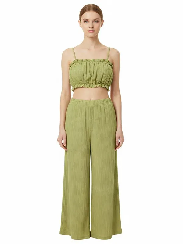 Women's Olive Green Striped Ruffled Cami & Wide-Leg Pants Set - Custom Summer Co-ord Design