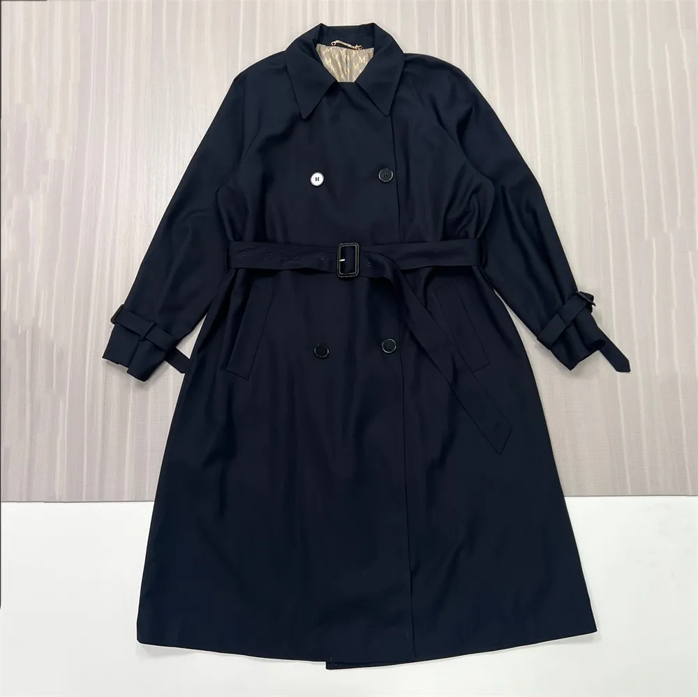 Women's Navy Double-Breasted Trench Coat - Custom Classic Tailored Outerwear Design