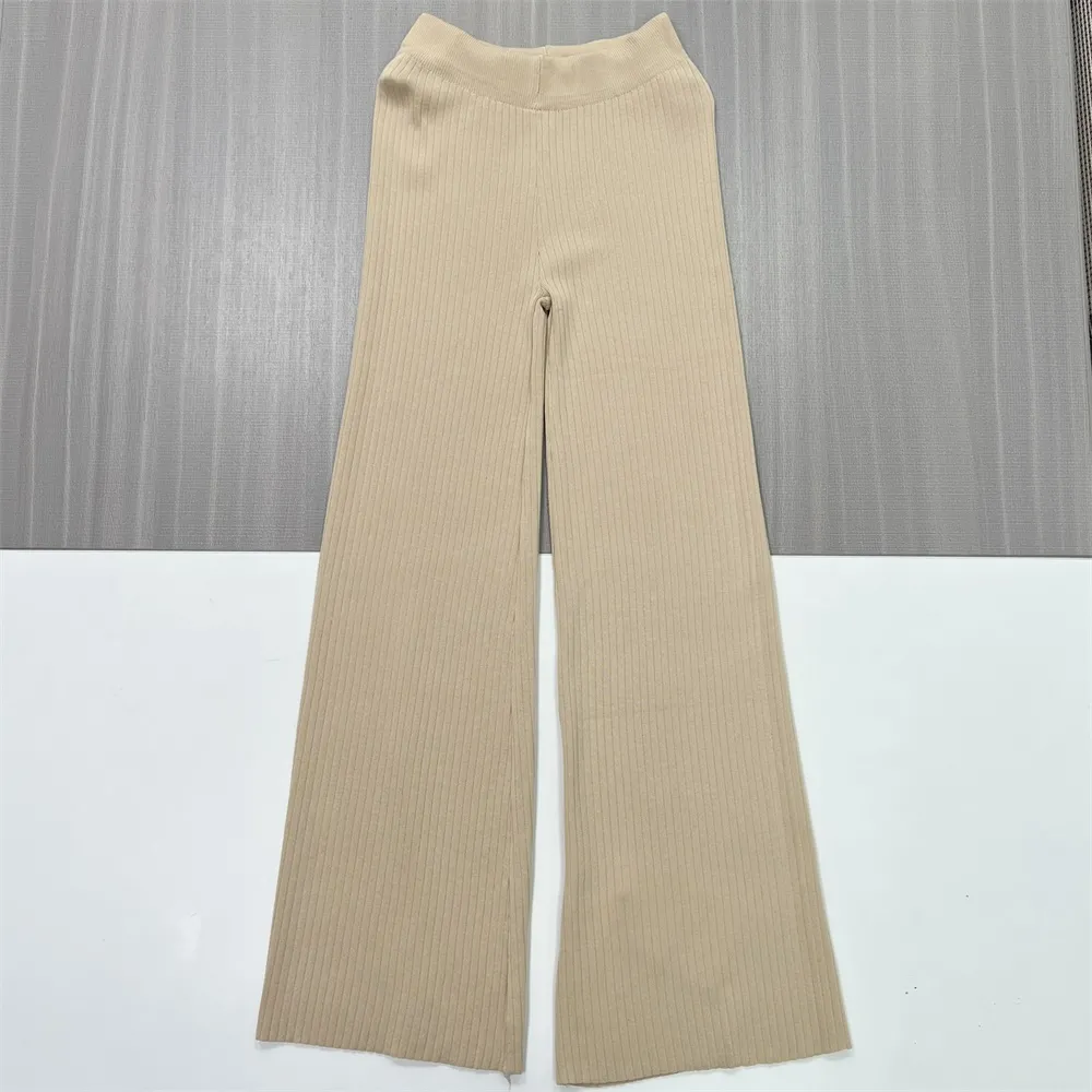 Women's Camel Ribbed Polo Top & Wide-Leg Pants Set - Custom Refined Co-ord Design