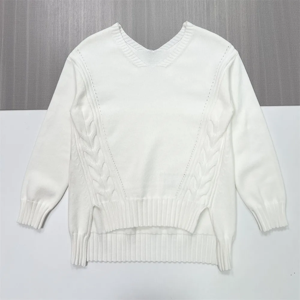 Women's White Cable-Knit V-Neck Top & Wide-Leg Pants Set - Custom Elegant Knit Co-ord Design