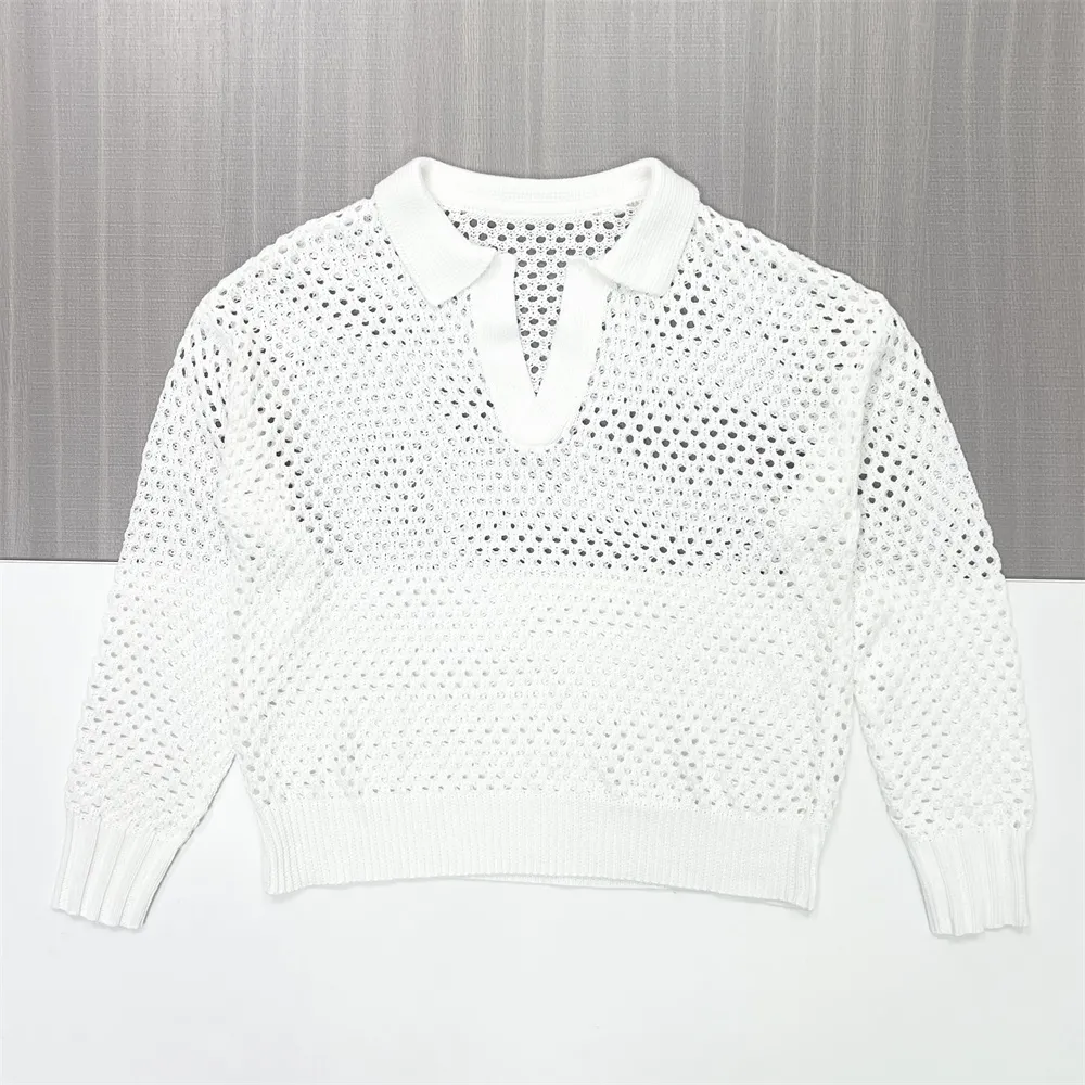 Women's White Openwork Knit Polo Top & Wide-Leg Pants Set - Custom Breathable Co-ord Design