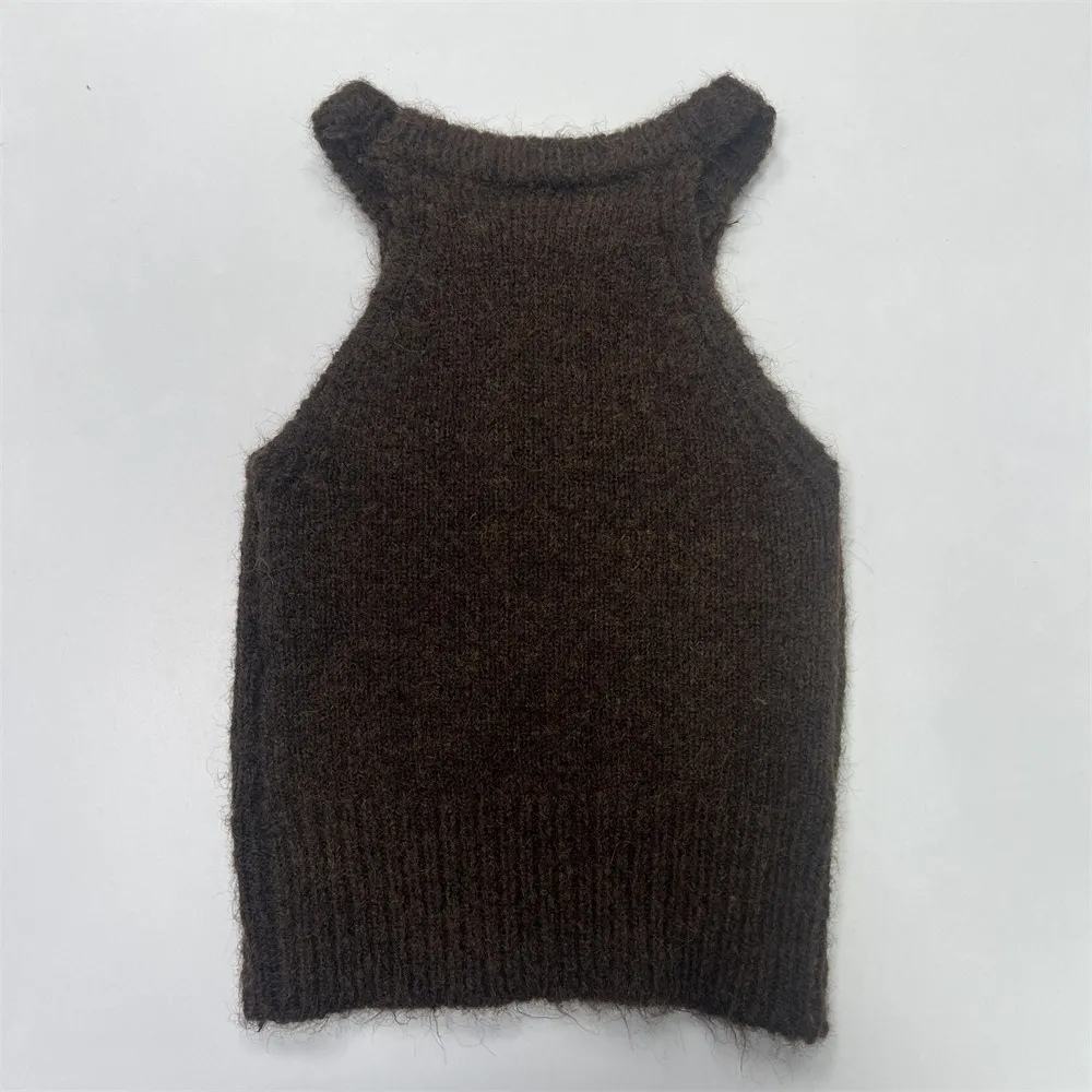 Women's Brown Fuzzy Knit Cardigan & Cutout Tank Set - Custom Trendy Co-ord Design