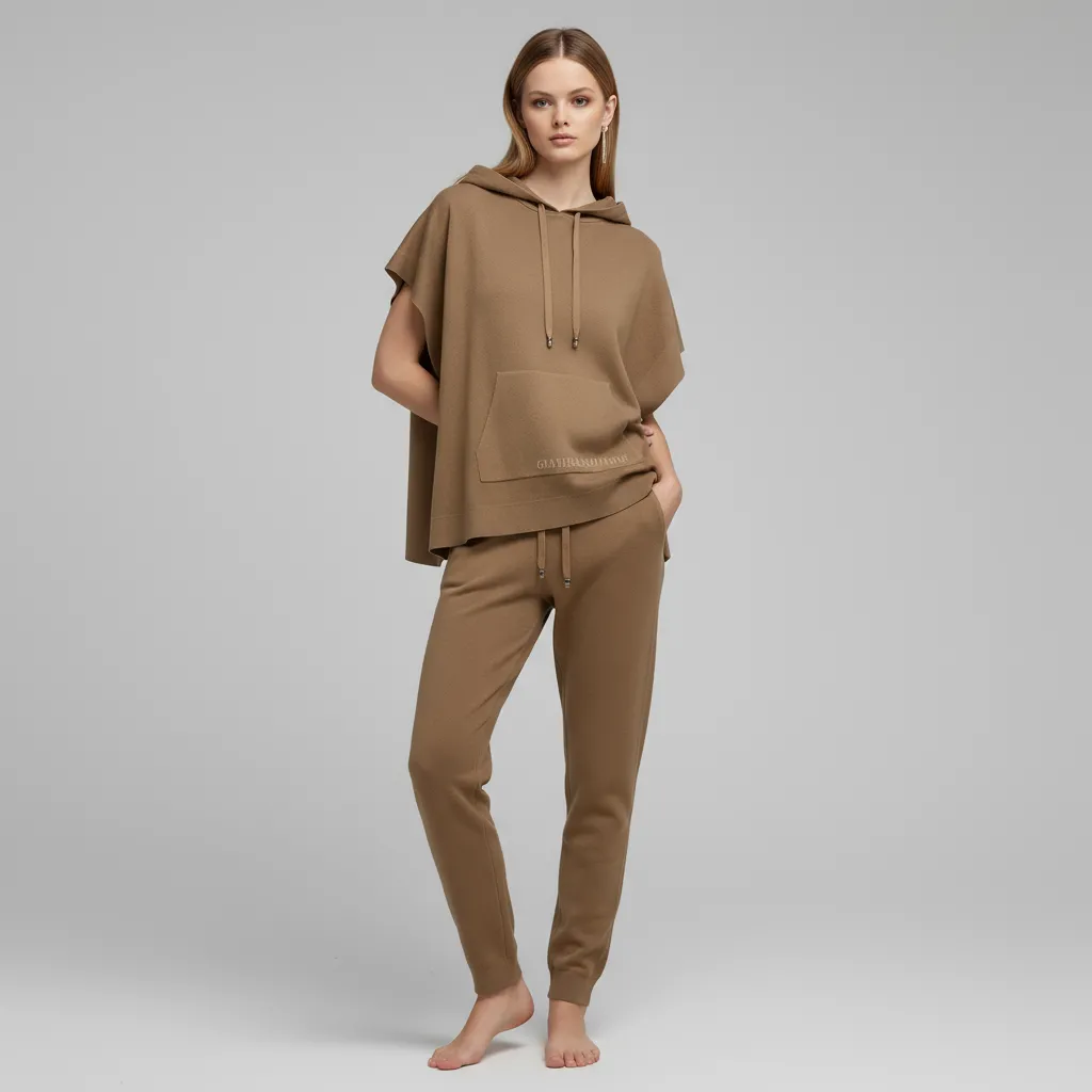 Women's Camel Hooded Poncho Top & Jogger Pants Set - Custom Luxury Loungewear Design