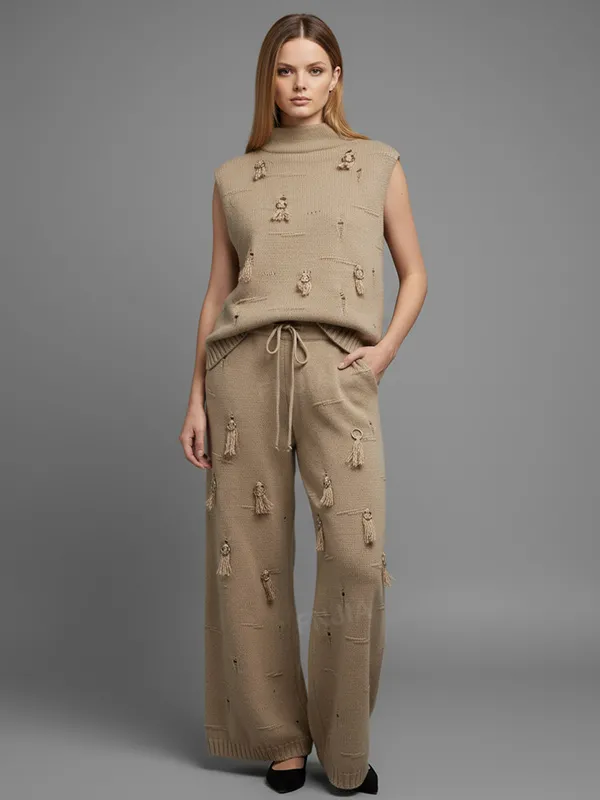 Women's Camel Distressed Knit Vest & Wide-Leg Pants Set - Custom Edgy Co-ord Design