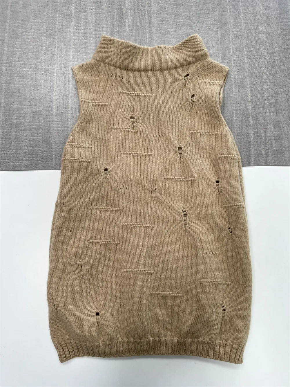 Women's Camel Distressed Knit Vest & Wide-Leg Pants Set - Custom Edgy Co-ord Design