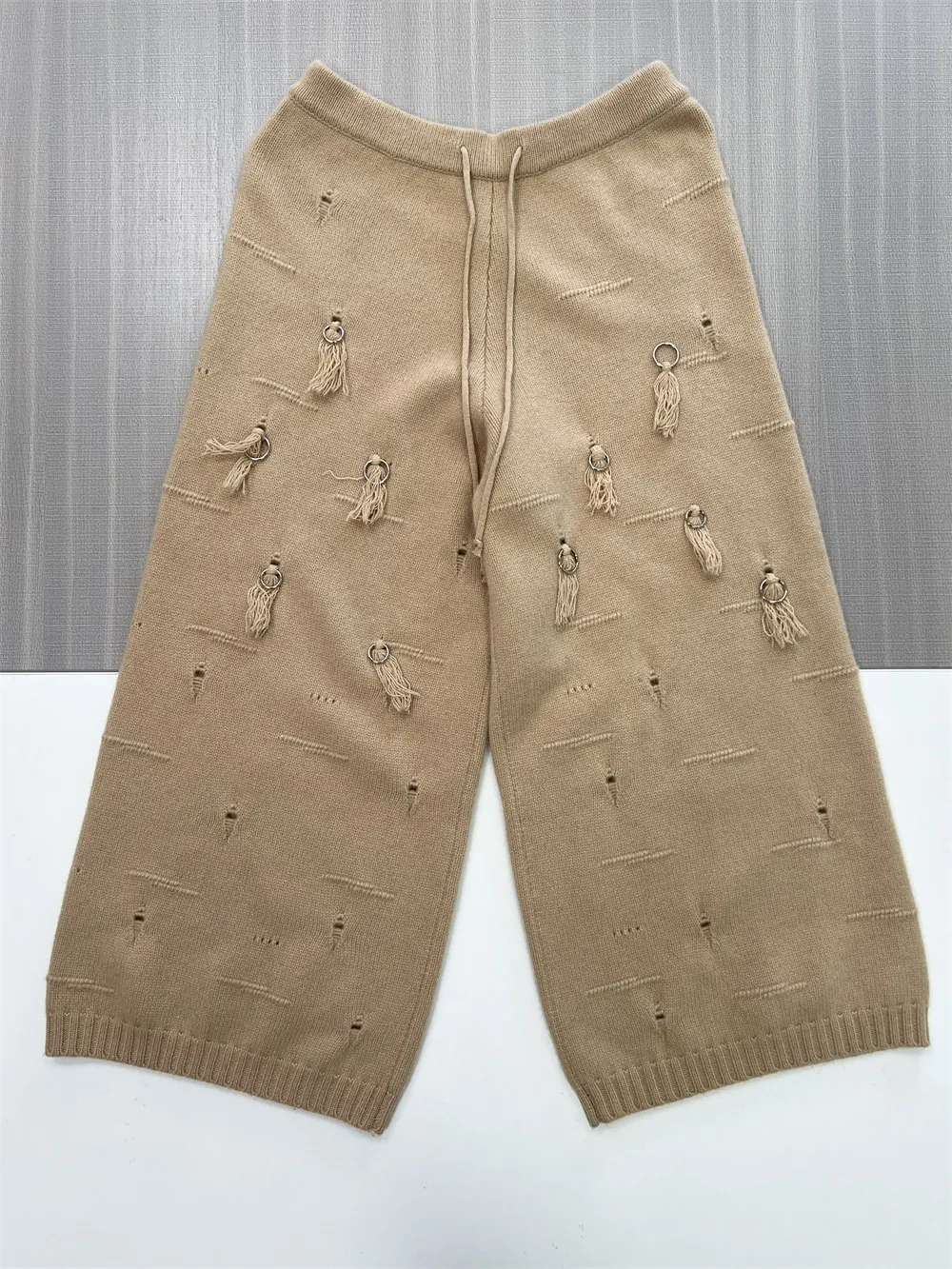 Women's Camel Distressed Knit Vest & Wide-Leg Pants Set - Custom Edgy Co-ord Design