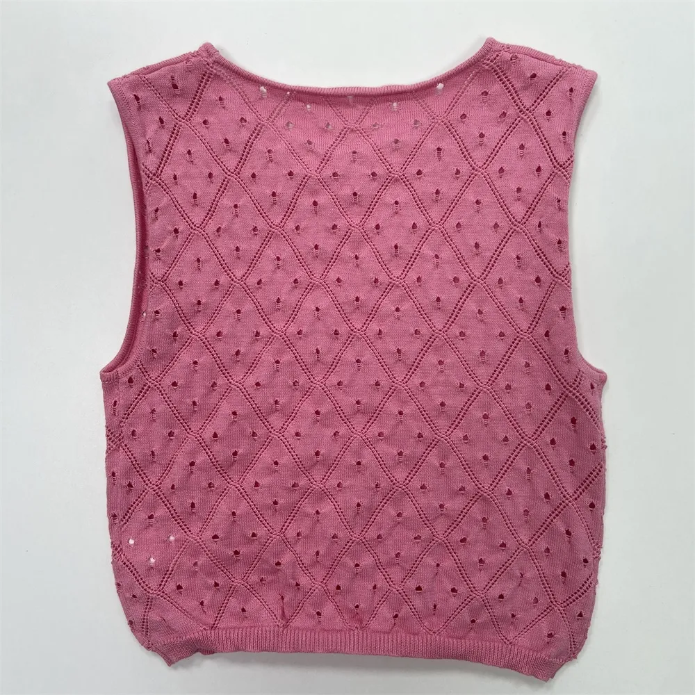 Women's Pink Openwork Knit Sleeveless Top & Midi Skirt Set - Custom Breathable Co-ord Design