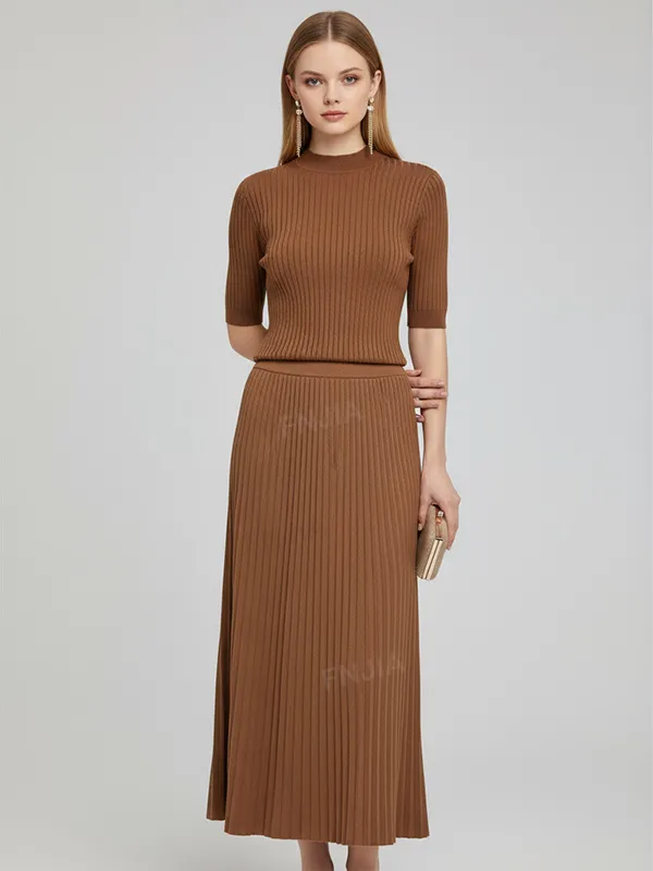 Women's Camel Ribbed Mock Neck Top & Pleated Skirt Set - Custom Elegant Co-ord Design