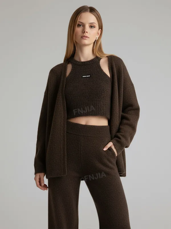 Women's Brown Fuzzy Knit Cardigan & Cutout Tank Set - Custom Trendy Co-ord Design