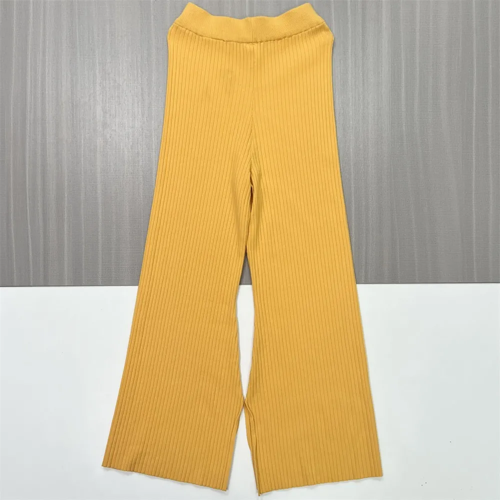 Women's Mustard Ribbed Mock Neck Top & Wide-Leg Pants Set - Custom Modern Co-ord Design