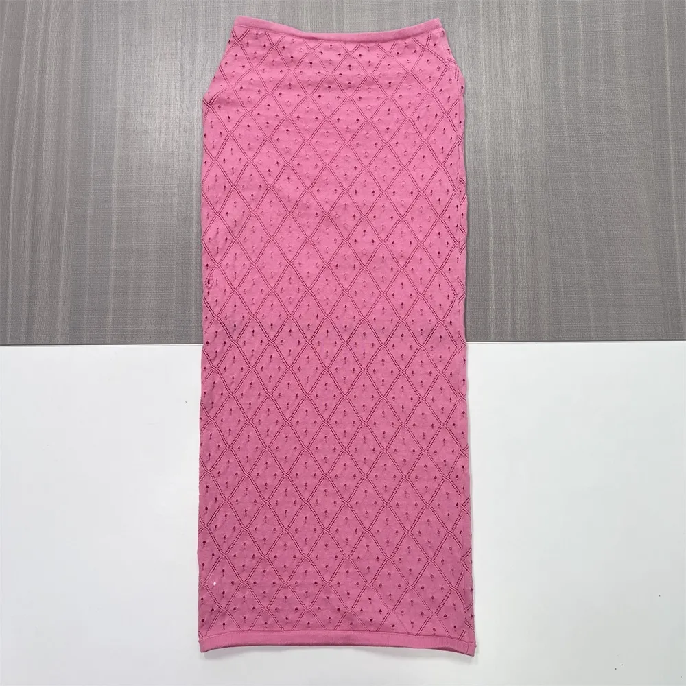 Women's Pink Openwork Knit Sleeveless Top & Midi Skirt Set - Custom Breathable Co-ord Design