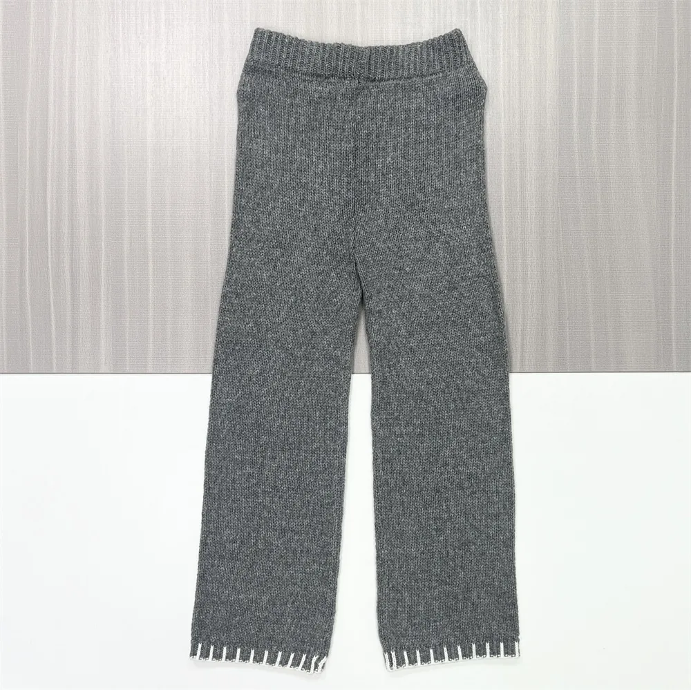 Women's Charcoal Knit Top & Wide-Leg Pants Set - Custom Contrast-Trim Co-ord Design