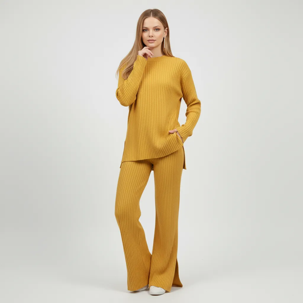 Women's Mustard Ribbed Mock Neck Top & Wide-Leg Pants Set - Custom Modern Co-ord Design
