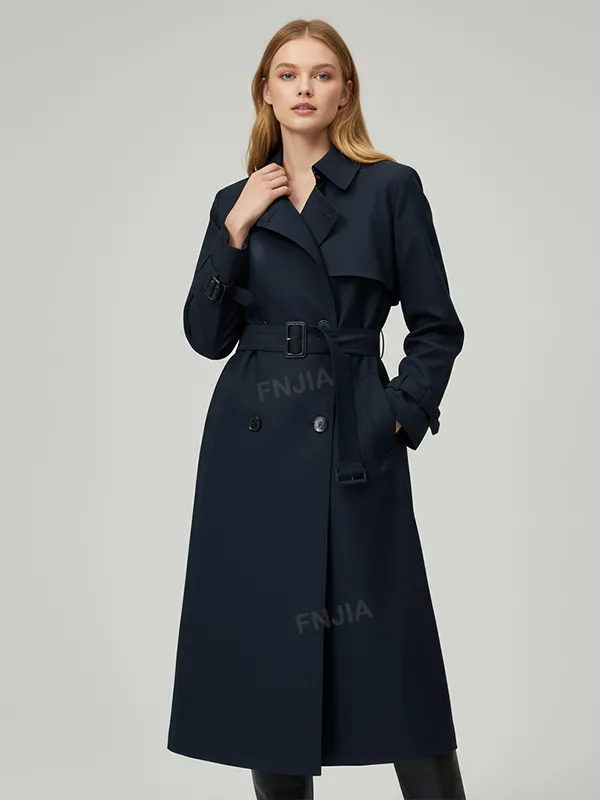 Women's Navy Double-Breasted Trench Coat - Custom Classic Tailored Outerwear Design