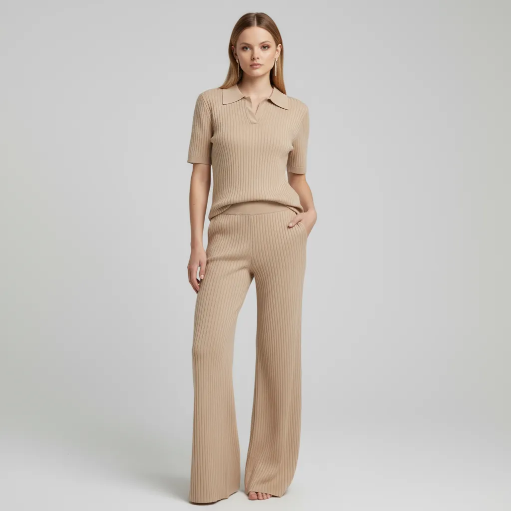 Women's Camel Ribbed Polo Top & Wide-Leg Pants Set - Custom Refined Co-ord Design