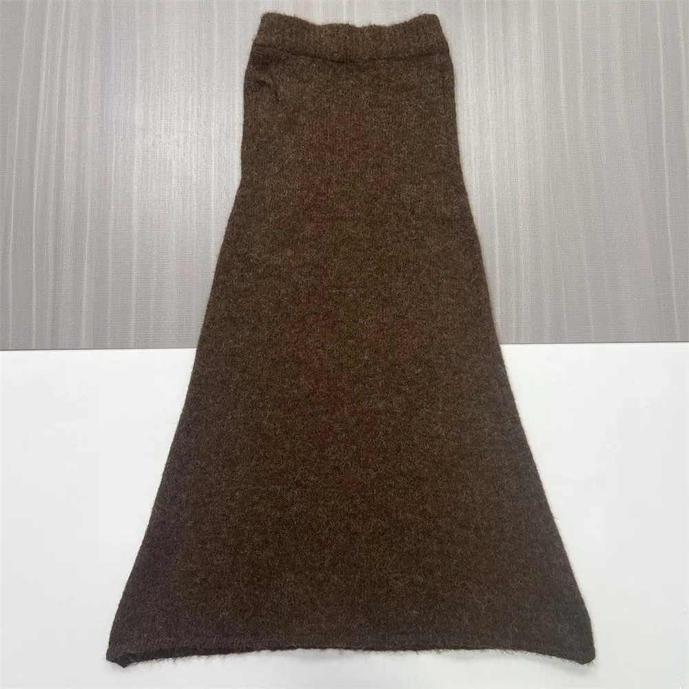 Women's Brown Fuzzy Knit Cardigan & Midi Skirt Set - Custom Cozy Co-ord Design