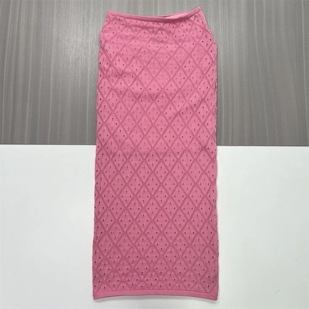 Women's Pink Openwork Knit Sleeveless Top & Midi Skirt Set - Custom Breathable Co-ord Design