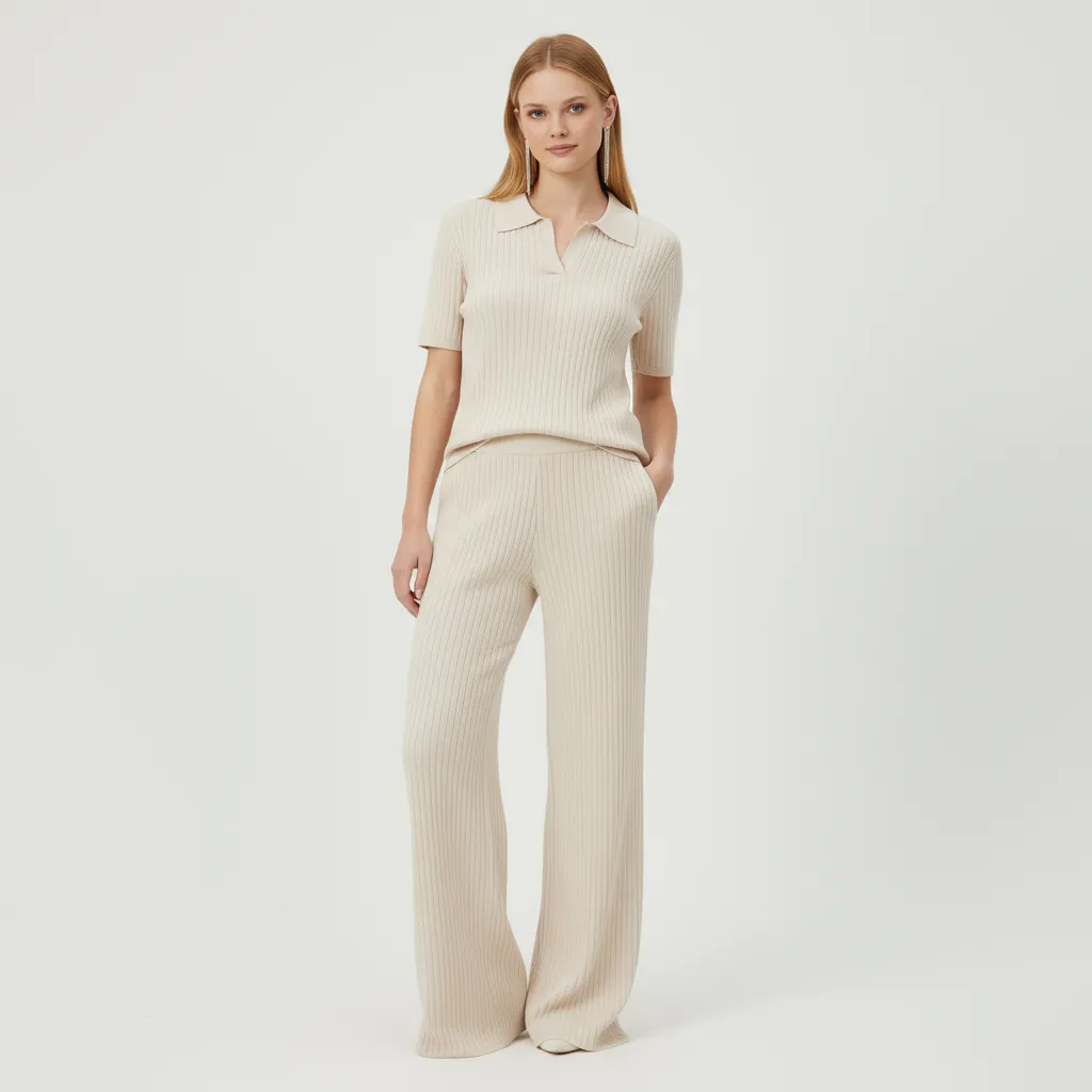 Women's Beige Ribbed Polo Top & Wide-Leg Pants Set - Custom Elegant Co-ord Design