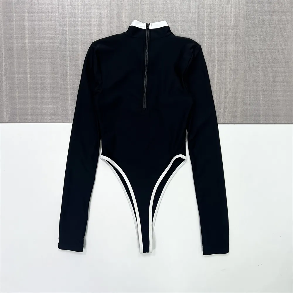 Women's Black & White Contrast High-Neck Long-Sleeve Bodysuit - Custom Branded Form-Fitting Apparel