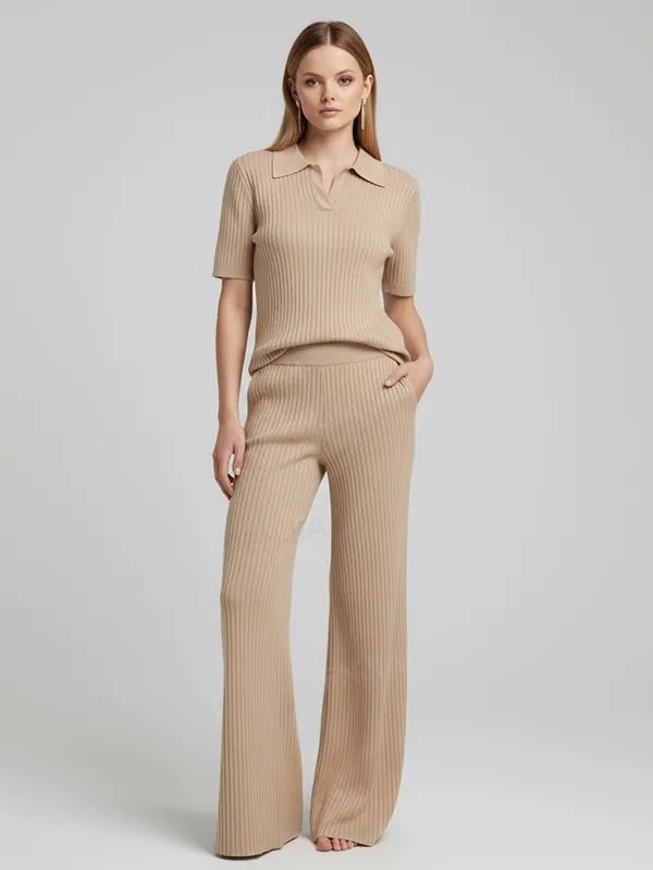 Women's Camel Ribbed Polo Top & Wide-Leg Pants Set - Custom Refined Co-ord Design