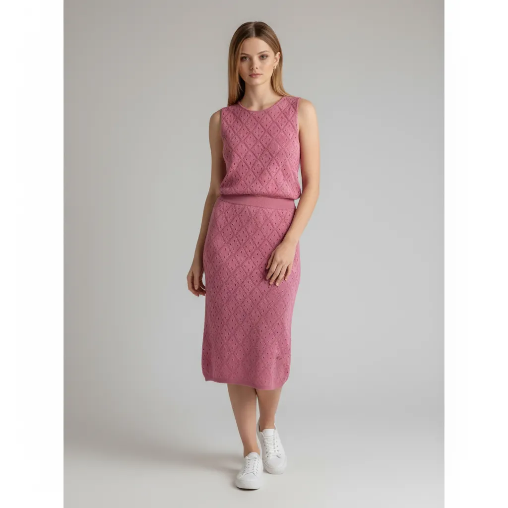 Women's Pink Openwork Knit Sleeveless Top & Midi Skirt Set - Custom Breathable Co-ord Design