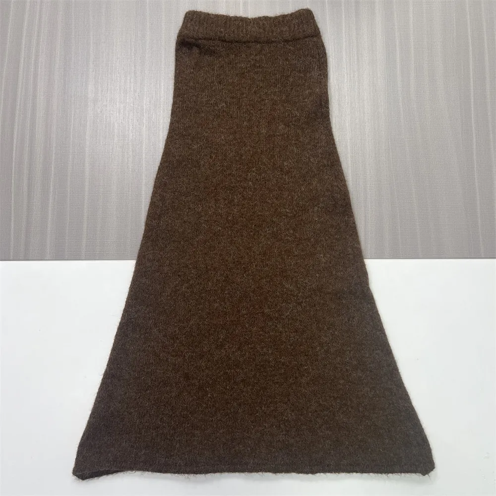 Women's Brown Fuzzy Knit Cardigan & Midi Skirt Set - Custom Cozy Co-ord Design