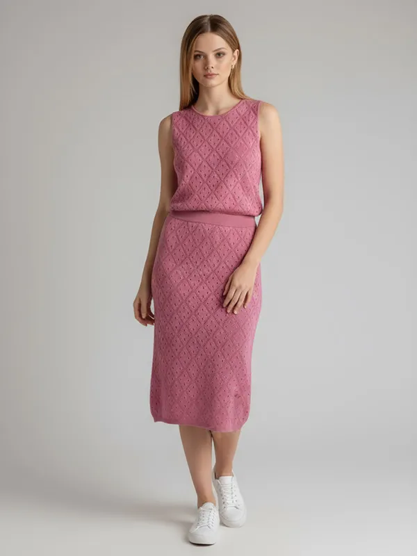 Women's Pink Openwork Knit Sleeveless Top & Midi Skirt Set - Custom Breathable Co-ord Design