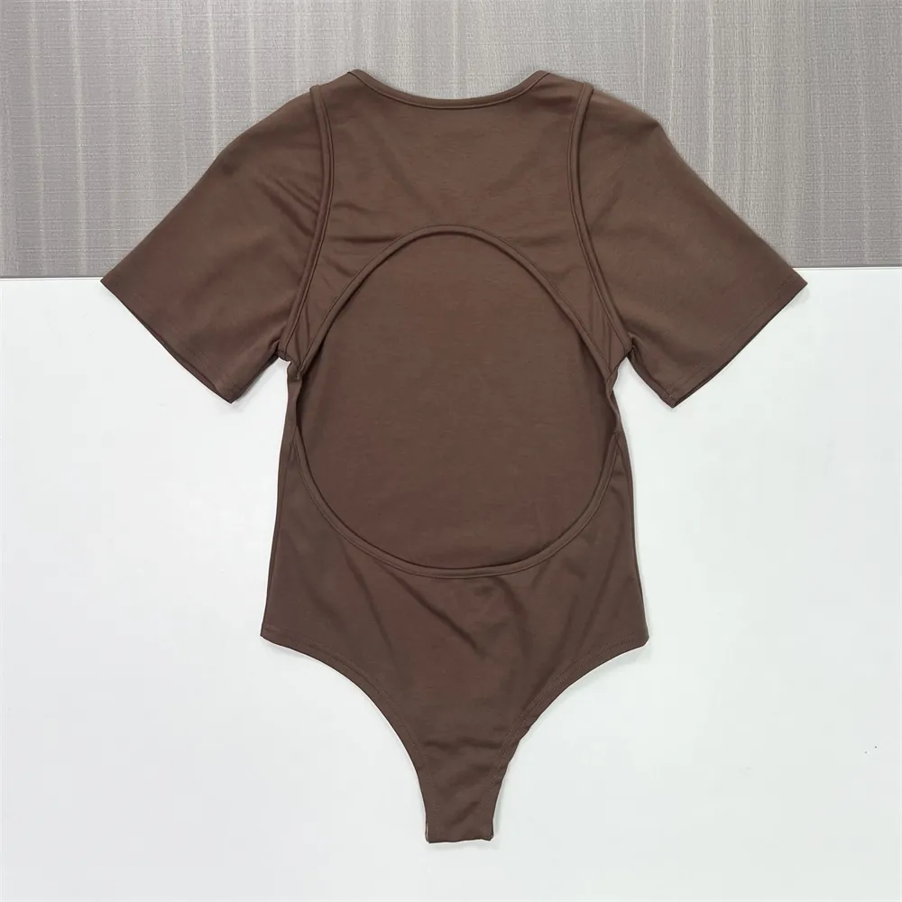 Women's Brown Cutout Short-Sleeve Bodysuit - Custom Stylish Form-Fitting Apparel