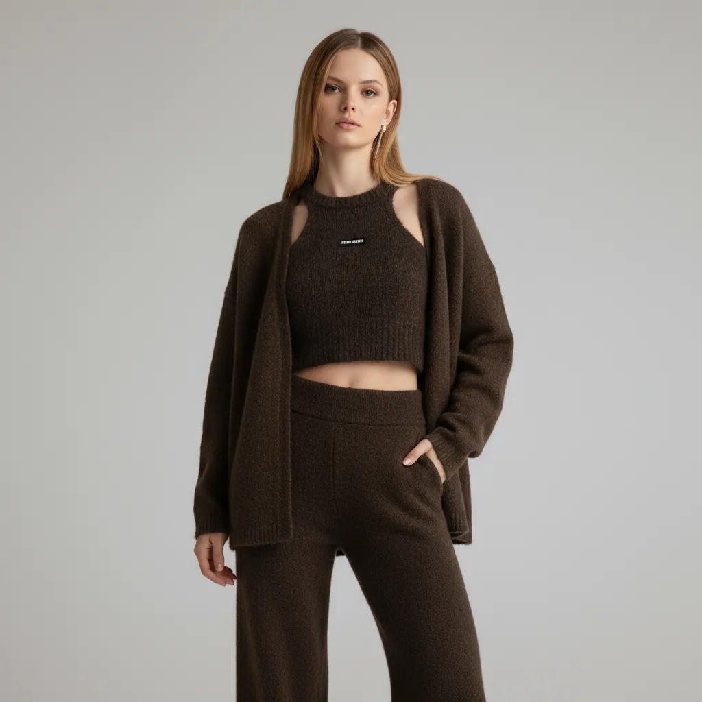 Women's Brown Fuzzy Knit Cardigan & Cutout Tank Set - Custom Trendy Co-ord Design
