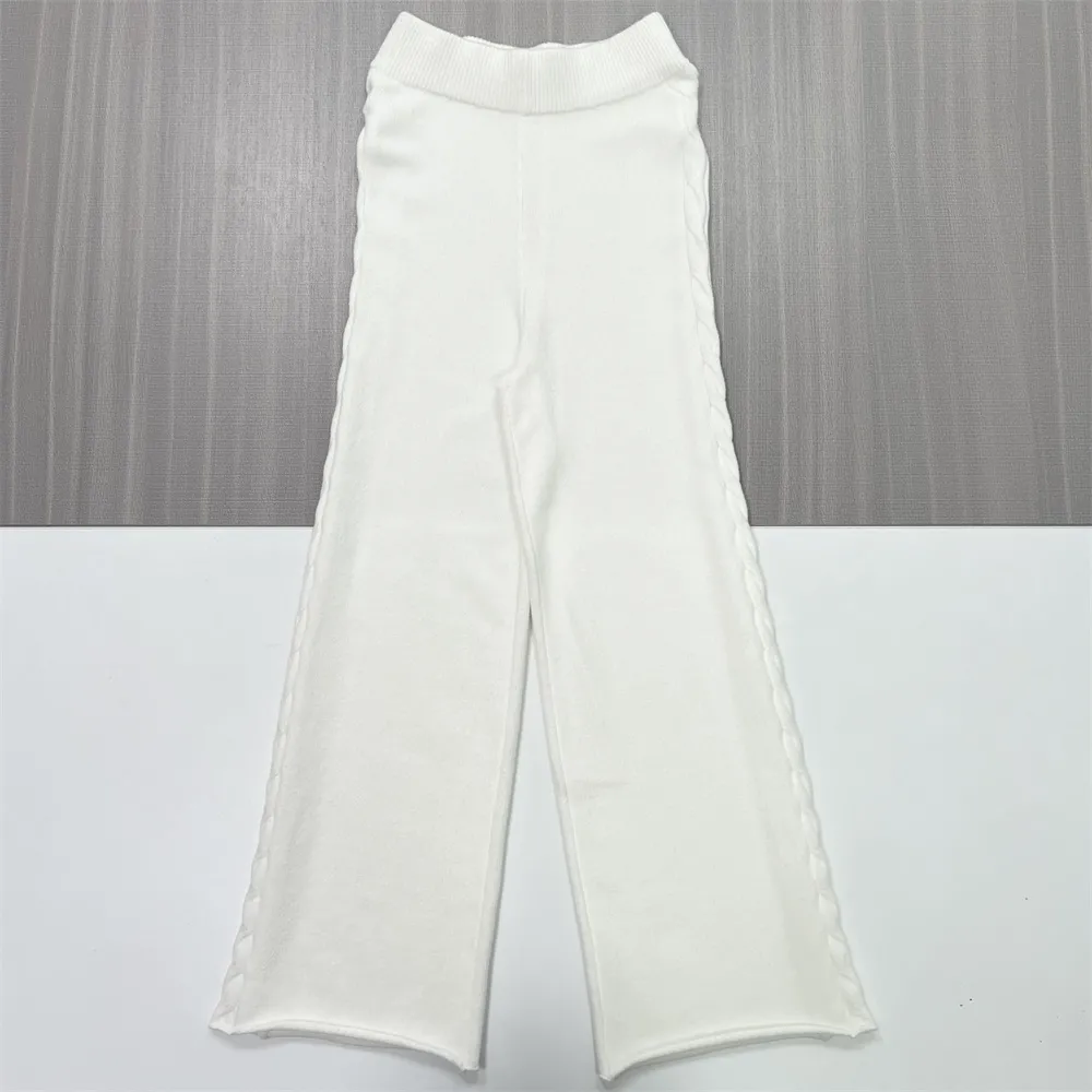 Women's White Cable-Knit V-Neck Top & Wide-Leg Pants Set - Custom Elegant Knit Co-ord Design