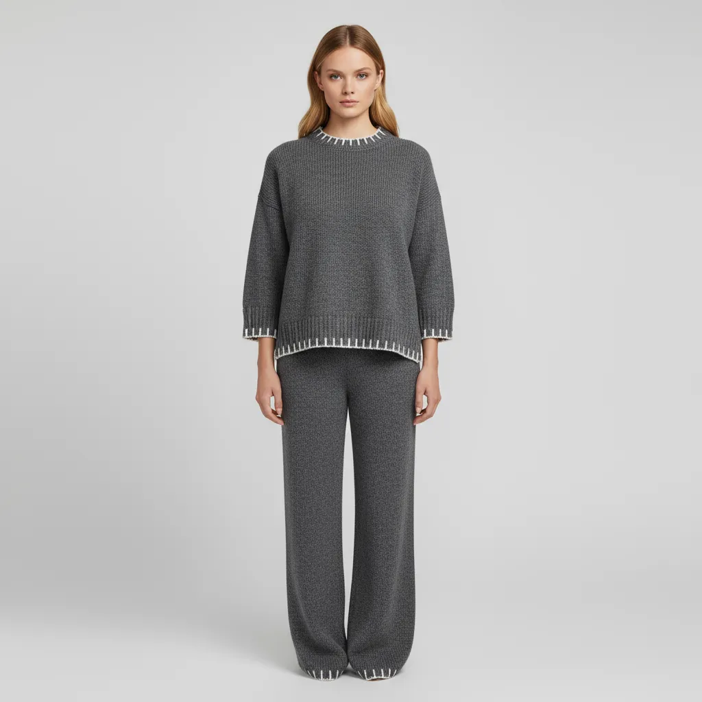 Women's Charcoal Knit Top & Wide-Leg Pants Set - Custom Contrast-Trim Co-ord Design
