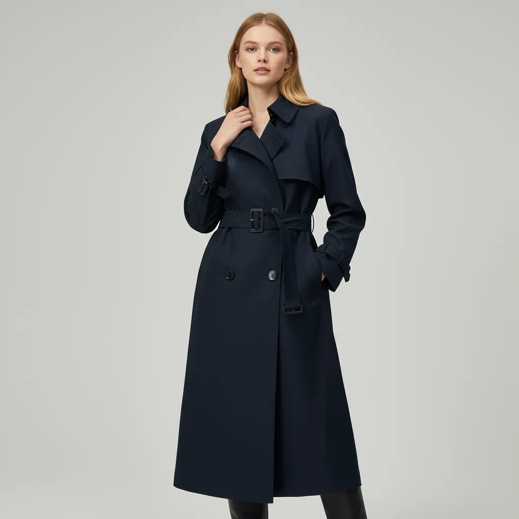 Women's Navy Double-Breasted Trench Coat - Custom Classic Tailored Outerwear Design