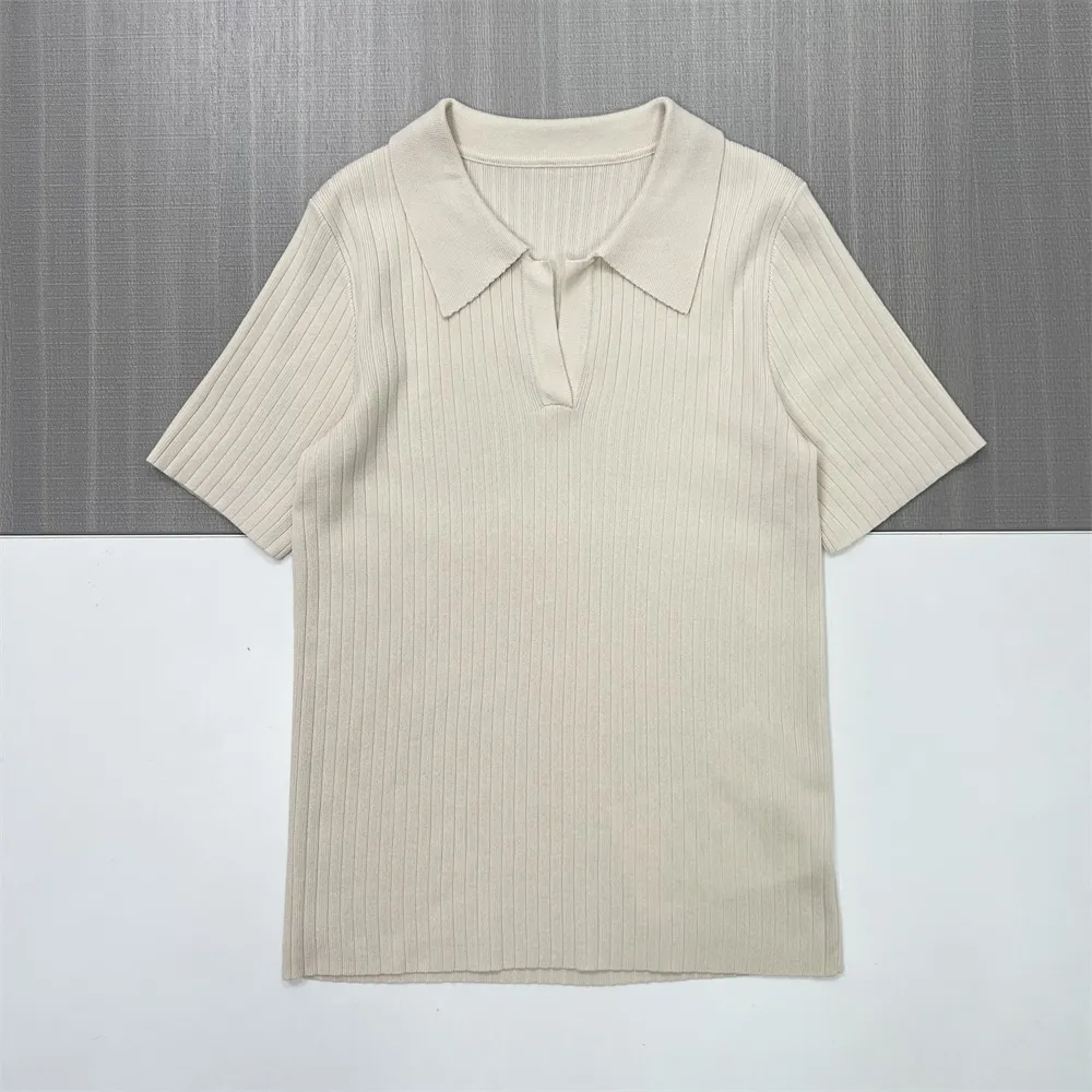 Women's Beige Ribbed Polo Top & Wide-Leg Pants Set - Custom Elegant Co-ord Design