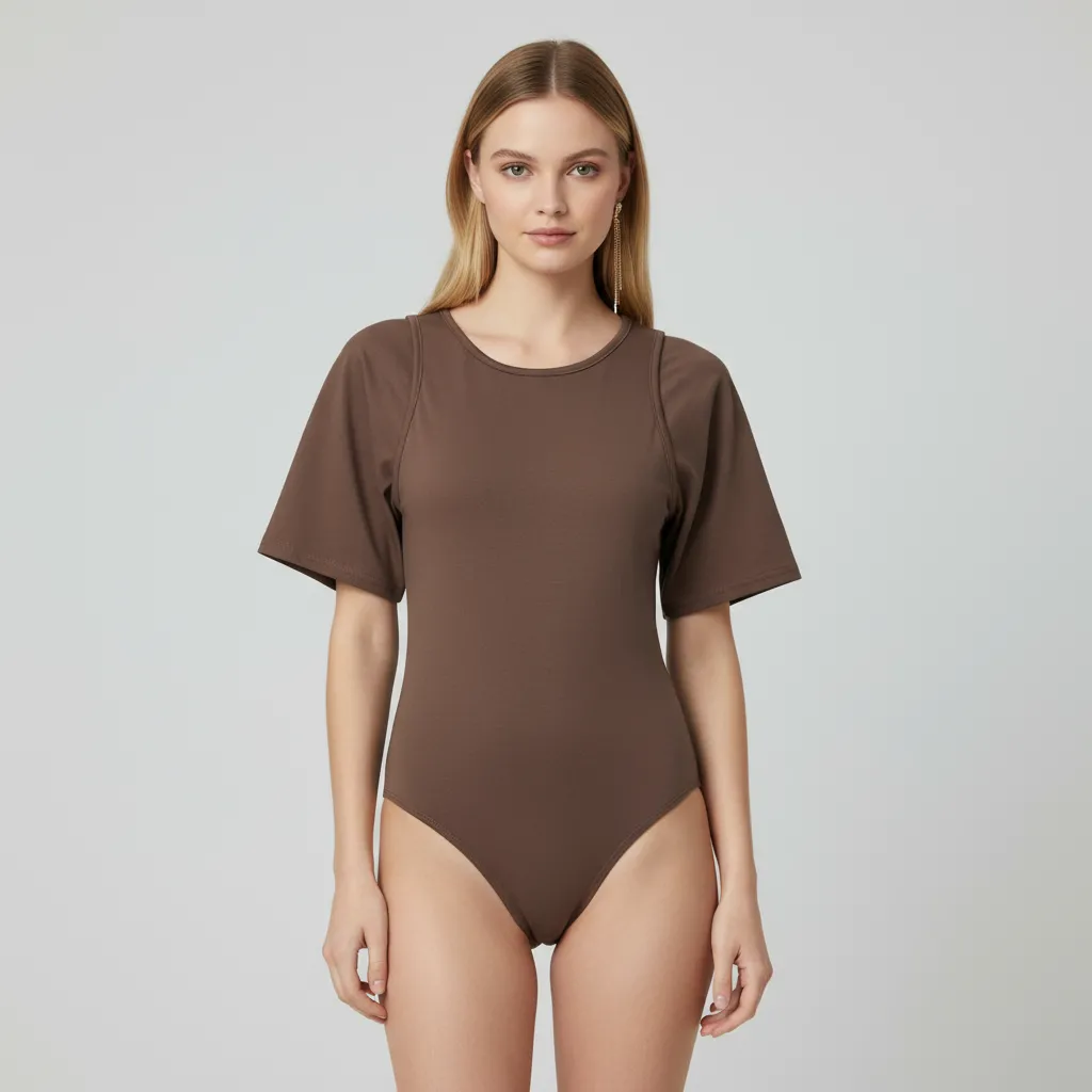 Women's Brown Cutout Short-Sleeve Bodysuit - Custom Stylish Form-Fitting Apparel