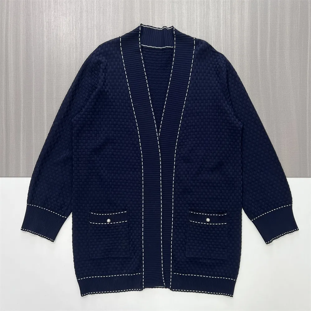 Women's Navy Textured Knit Cardigan & Wide-Leg Pants Set - Custom Elegant Co-ord Design
