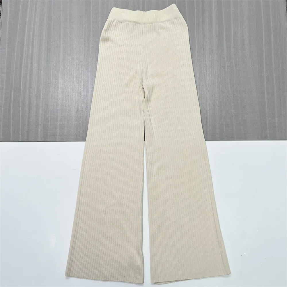 Women's Beige Ribbed Polo Top & Wide-Leg Pants Set - Custom Elegant Co-ord Design