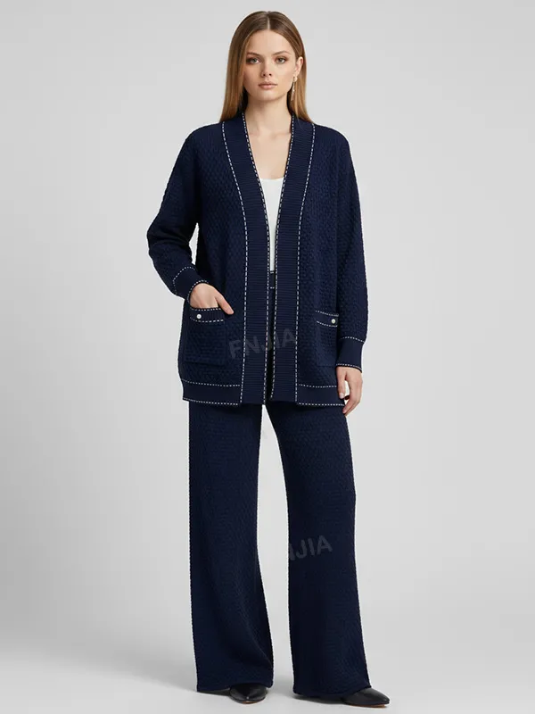 Women's Navy Textured Knit Cardigan & Wide-Leg Pants Set - Custom Elegant Co-ord Design