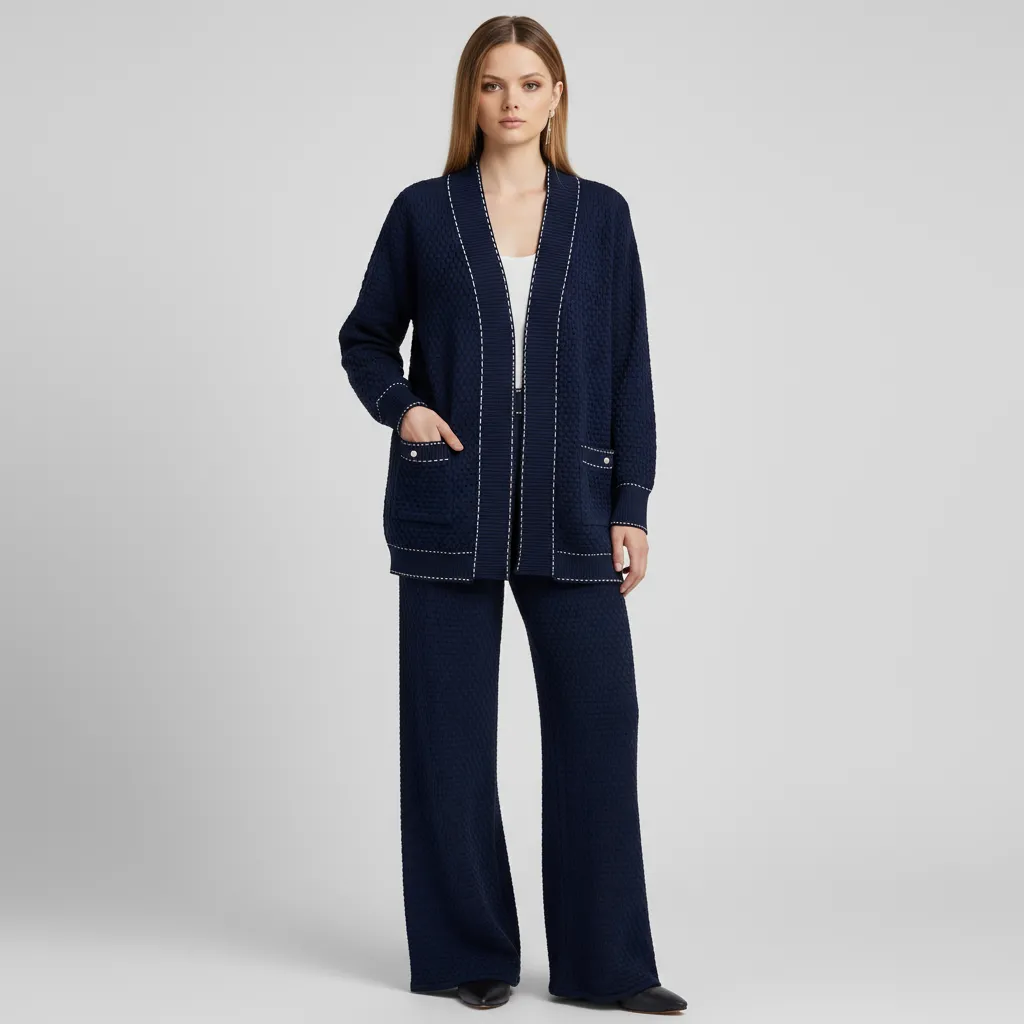 Women's Navy Textured Knit Cardigan & Wide-Leg Pants Set - Custom Elegant Co-ord Design