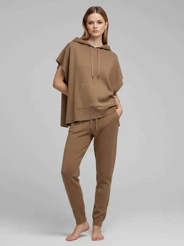 Women's Camel Hooded Poncho Top & Jogger Pants Set - Custom Luxury Loungewear Design