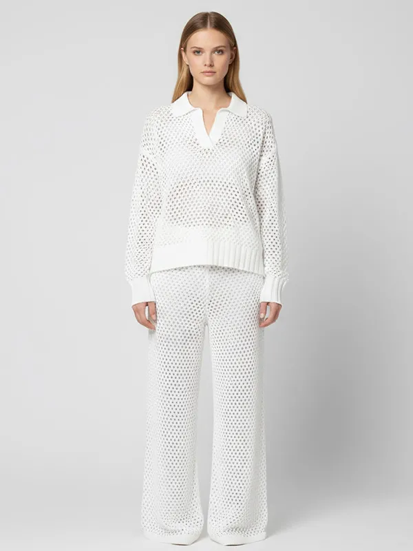 Women's White Openwork Knit Polo Top & Wide-Leg Pants Set - Custom Breathable Co-ord Design