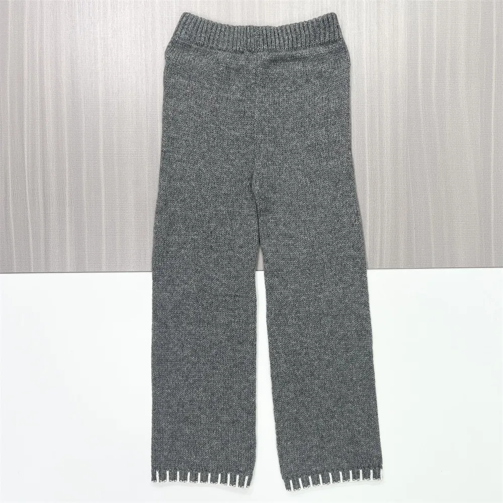 Women's Charcoal Knit Top & Wide-Leg Pants Set - Custom Contrast-Trim Co-ord Design